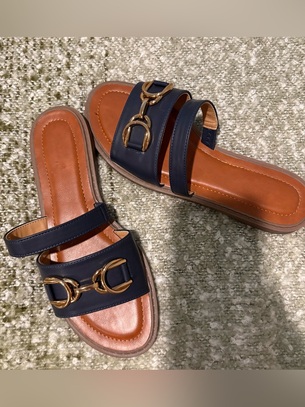 Women's Navy Blue Slide Sandals with Gold Hardware. Size 7.5